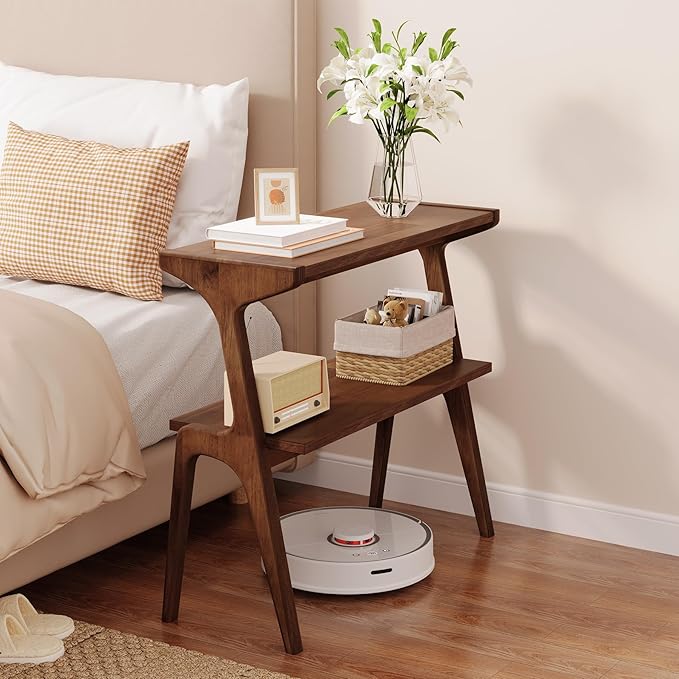 Solid Wood End Table, 2-Tier Side Table with Storage Shelf, Wooden Modern Accent Slim Bedside Table for Sofa, Living Room, Bedroom, Small Space, Easy Assembly, Rustic Brown