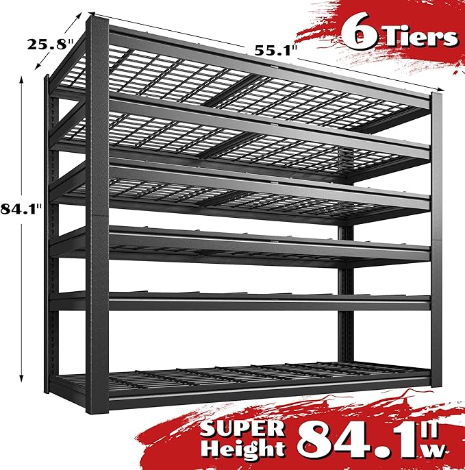55.1" W Metal Shelving 6 Tier Garage Shelving 3660LBS Storage Shelves Adjustable Garage Shelves Industrial Metal Shelf for Basement Warehouse Shop Supermarket 55.1" W x 25.8" D x 84.1" H