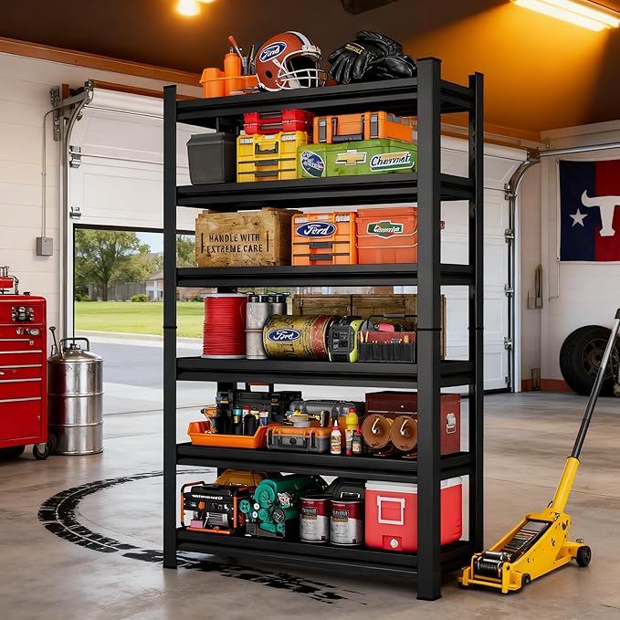 Metal Garage Shelving Unit, Heavy Duty 5-Tier Adjustable Storage Shelves, Steel Shelving, Industrial Shelves for Heavy Tools and Equipment, Ideal for Garage, Basement, Black