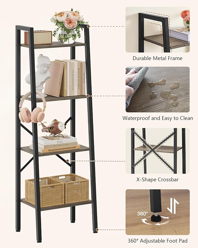 Hoctieon 4-Tier Industrial Ladder Bookshelf, Narrow Ladder Shelf, Tall Standing Bookshelf, Skinny Open Ladder Shelf, for Living Room, Home Office, Kitchen, Bedroom, Metal Frame, Greige