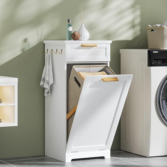 VECELO Tilt Out Laundry Hamper, 35" Bathroom Cabinet with Hidden Removable Basket, 1 Drawer and 4 Side Hooks for Storage, White