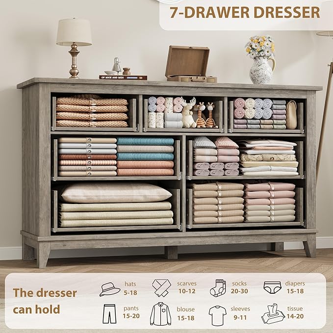 GarveeHome 7 Dresser for Bedroom, 54 in Wide Drawer Dresser with Storage Freestanding, Wooden Closet Storage Chest for Living Room, Bedroom, Entryway, Ash Grey