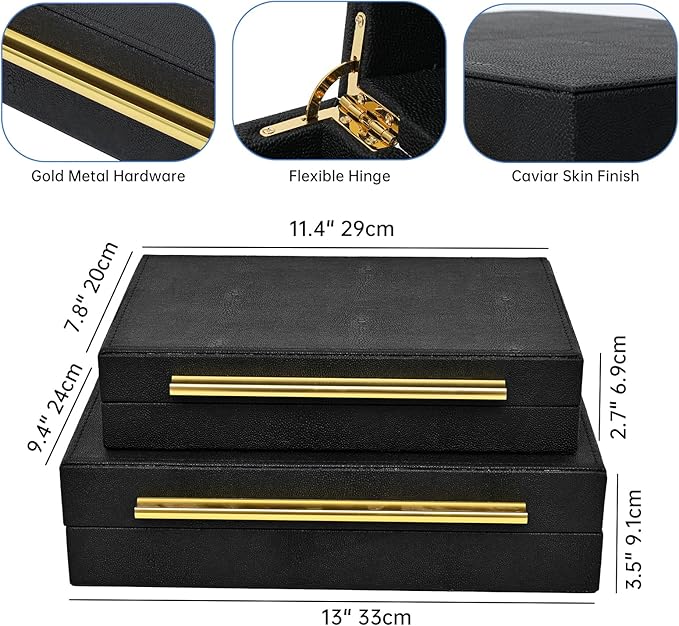 Faux Shagreen Leather Jewelry Boxes Set of 2 with Gold Handles, Decorative Organizer Storage Box for Rings, Earrings, Watches, Dresser, Vanity, Stackable, Black