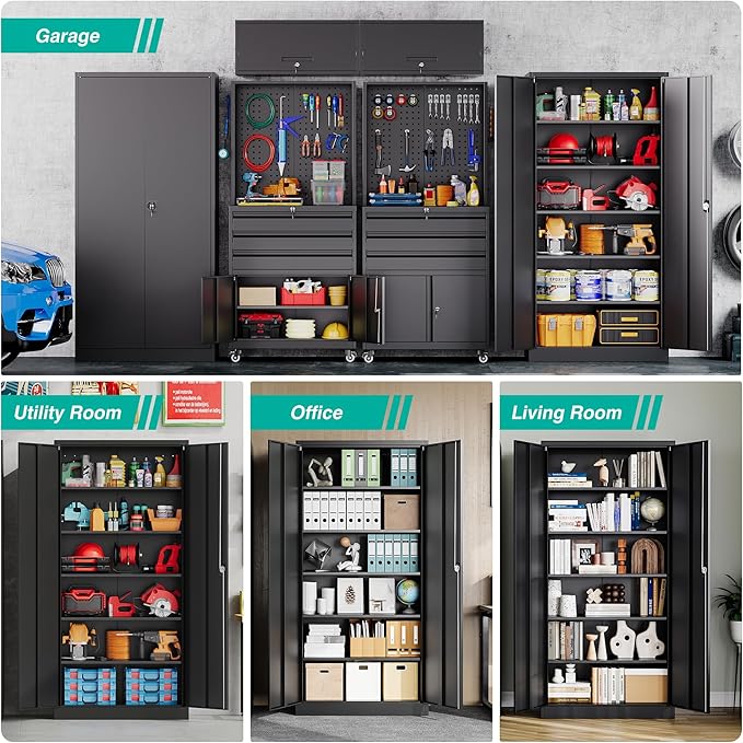 SISESOL Metal Storage Cabinet with 2 Doors and 6 Shelves,71" Lockable Garage Storage Cabinet,Black Metal Cabinets with Lock,Locking Steel Cabinets for Home,Office,Garage,Shop,School