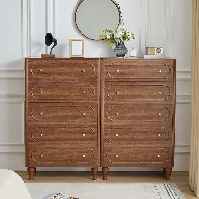 5 Drawer Fluted Dresser for Bedroom, Mid Century Modern Chest of Drawers, Wood Storage Large Dresser Organizer for Bedroom Living Room Hallway Closet, Walnut