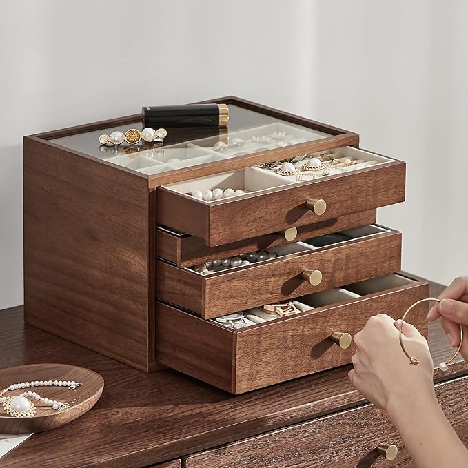 Black Walnut Wooden Jewelry Box for Women large 4 Layer Drawer Organizer Box with Glass Lid for Necklaces, Watch, Necklace, Ring, Earring Storage - Christmas Gifts
