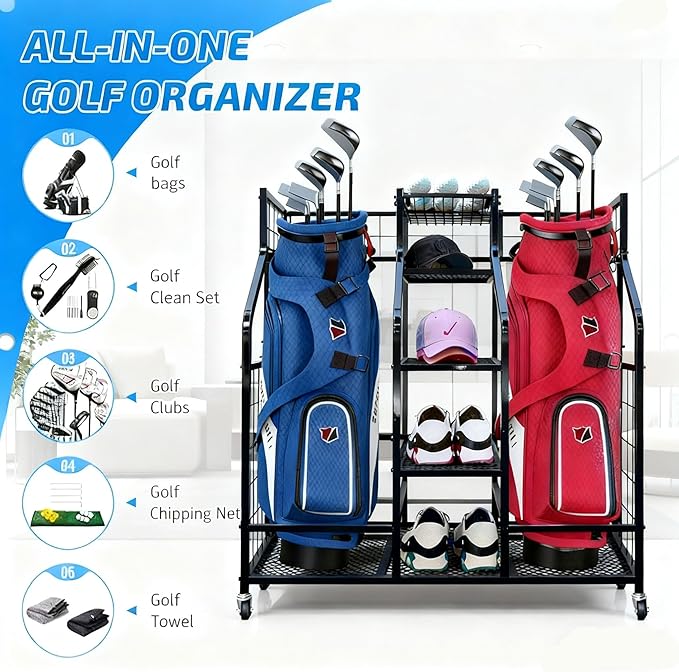 Golf Bag Storage Organizer Stand - Heavy Duty Steel Rack Holds 2 Golf Bags with Central Storage Shelf for Golf Balls, Shoes & Accessories, Space Saving Garage Golf Club Equipment Holder