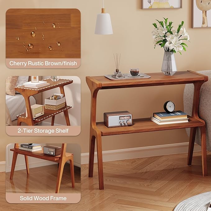Set of 2 Solid Wood End Table, 2-Tier Side Table with Storage Shelf, Wooden Modern Accent Slim Bedside Table for Sofa, Living Room, Bedroom, Small Space, Easy Assembly, Cherry