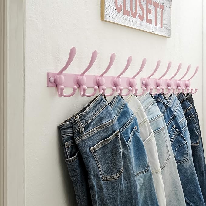Dseap Coat Rack Wall Mount 2.0 Pro: Heavy Duty 300% Thicker, 16" Stud Mount, Stainless Steel Wall Coat Hooks Hanger for Clothes Jackets Hats Entryway Closet, MaxStrong Series, Pink, Pack of 2