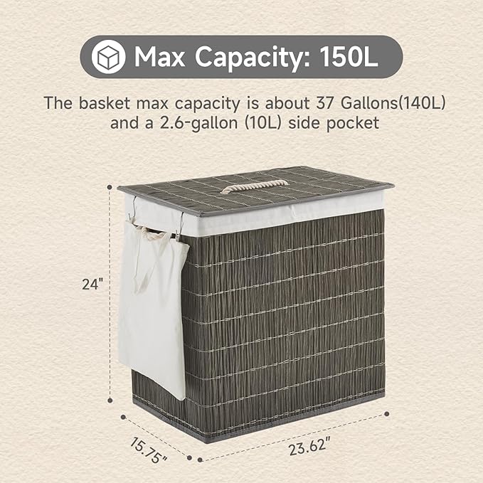 Laundry Hamper with Lid, 39.6 Gallon(150L) Large Laundry Basket 2 Removable Liner Bags, Synthetic Rattan Clothes Hamper with Side Pocket, laundry organization for bathroom, laundry room, Grey