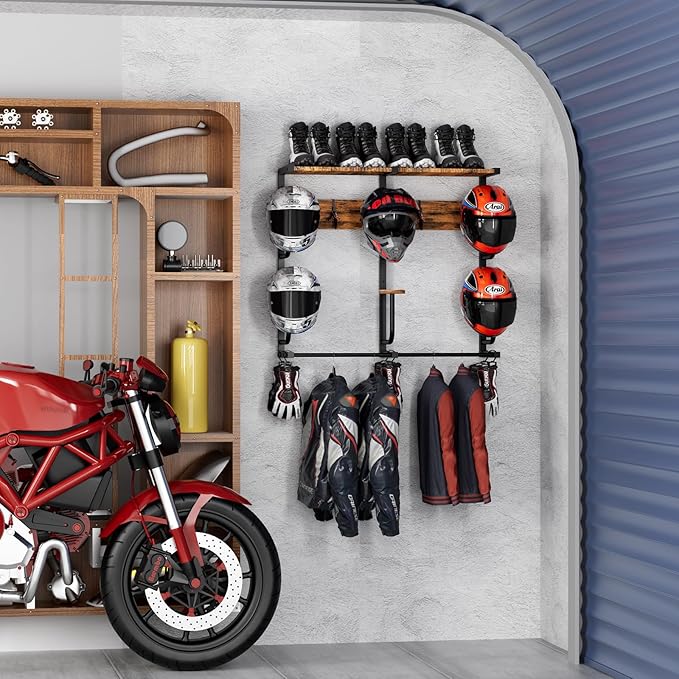 Motorcycle Helmet Rack with 6 J-hooks& 6 Clip Hooks – Wall Mounted Helmet Holder Stand for 6 Helmets, Riding Suits & Accessories, Sturdy Construction Storage Organizer for Entryway or Garage