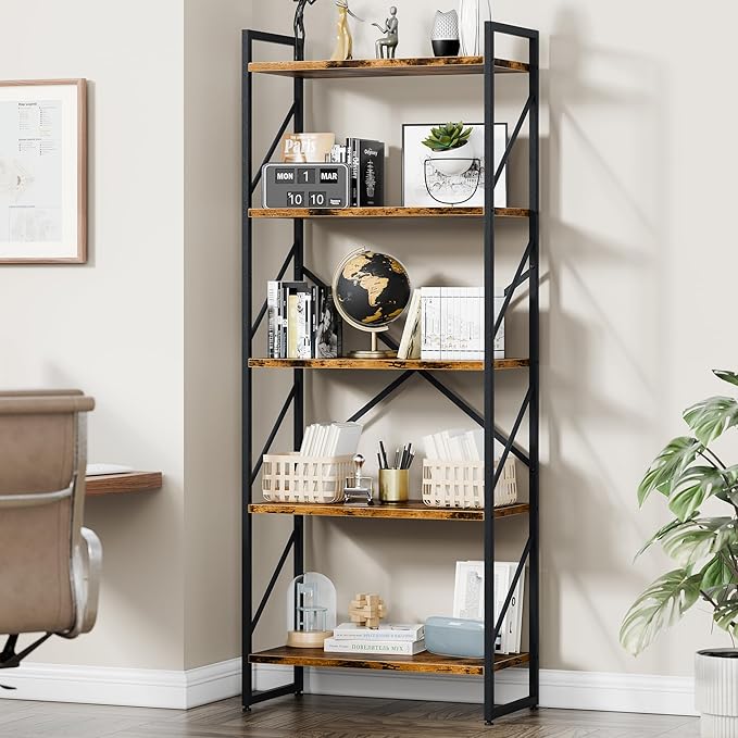 Vongrasig 5 Tier Bookshelf, Modern Tall Bookcase, Industrial Book Shelves Display Standing Shelf, Free Standing Storage Organizer for Bedroom, Living Room, Rustic Brown