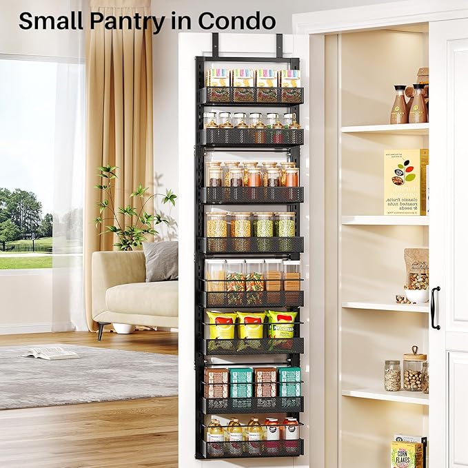 SNTD Over the Door Pantry Organizer - 8 Tier Adjustable Pantry Door Spice Organizer, Large Capacity Hanging Door Spice Rack for Kitchen Pantry Organizers and Storage (Black, 12.3" W x 4.7" D x 69" H)