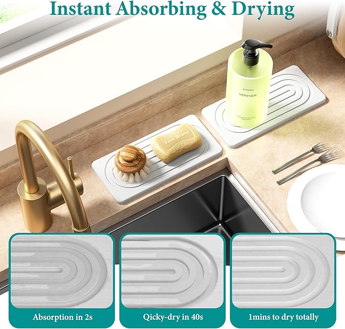 2 PCS Water Absorbing Stone Tray for Sink, Quick Drying Diatomite Bathroom Tray Countertop, Stone Drying Mat for Kitchen Counter Faucet, Soap Dish Dispenser Vanity Organizer, White-B-8.3" x 4"