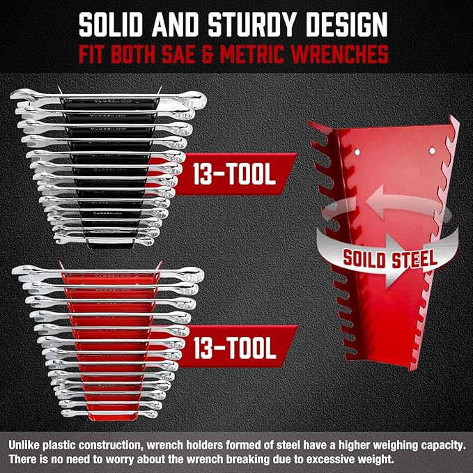 ALOANES 104-Slot Metal Wrench Organizer, Heavy Duty Wrench Organizer Tray for Tool Box, Professional Fit SAE & Metric Wrench Storage, 8 Pack Wrench Holders(Red&Black)