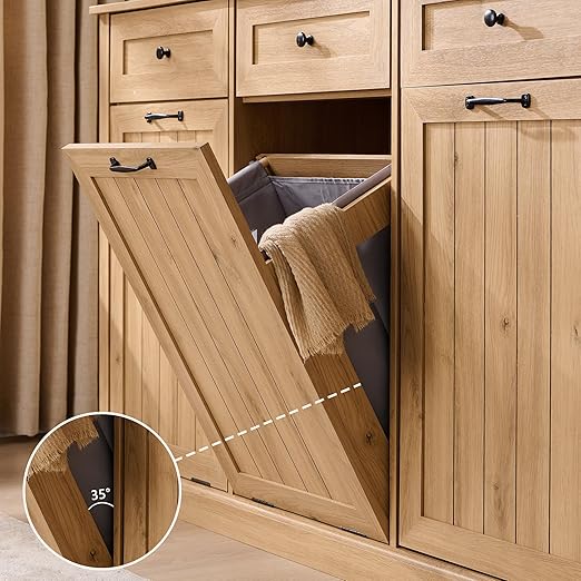 Triple Tilt Out Trash Can Cabinet, 20 Gallon Farmhouse Laundry Hamper Cabinet w/3 Drawers & Adjustable Shelf, Hidden Wooden Trash Can Cabinets with Storage Basket for Kitchen (Natural)