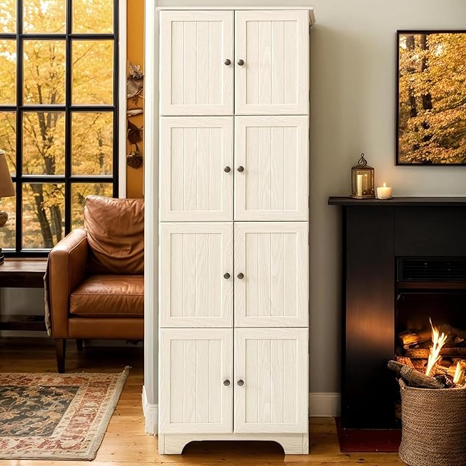 72" H Farmhouse Storage Cabinet, 4 Tier Kitchen Pantry Cabinet with 4 Shelves, 8 Doors Freestanding Floor Storage Cabinet Wooden Organizer Bookcase for Living Room & Kitchen (White)