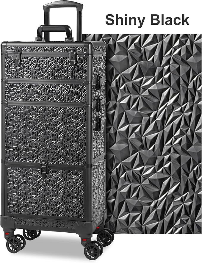 Rolling Makeup Case with Lighted Mirror, Makeup Train Case with Large Drawer, Cosmetology Case, Travel Makeup Organizers, Professional for Salon Barber, Nail, Tattoo, Black
