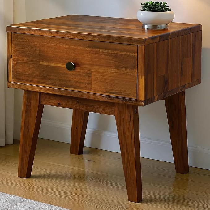 Acacia Sofia Nightstand with Drawer, Bedside Table, Solid Wood Bedside End Table with Drawer and Storage Space for Bedroom, Chocolate