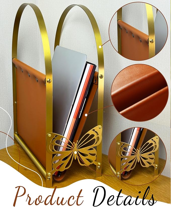 Aocii Magazine Holder, Artificial Leather Magazine Rack Floor with Golden Butterfly Hardware & Antique Brass Buckles, Bathroom Magazine Rack, Magazine Organizer for Floor Standing Home Decor