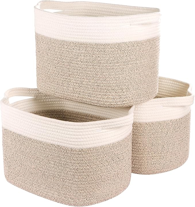 Kntiwiwo Storage Baskets for Organizing 14.7”x11”x9.6” Rope Storage Baskets for Shelves with Handles, Decorative Closet Baskets & Bins, Large Woven Baskets for Storage, White & Brown