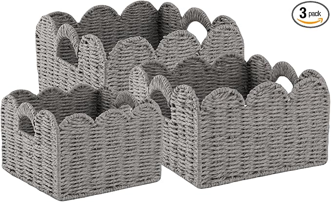 OIAHOMY Scalloped Wicker Baskets, Hand-woven Storage Baskets with Built-in Handles, Paper Rope Shelf Baskets for Organizing and Decoration, Set of 3-Grey