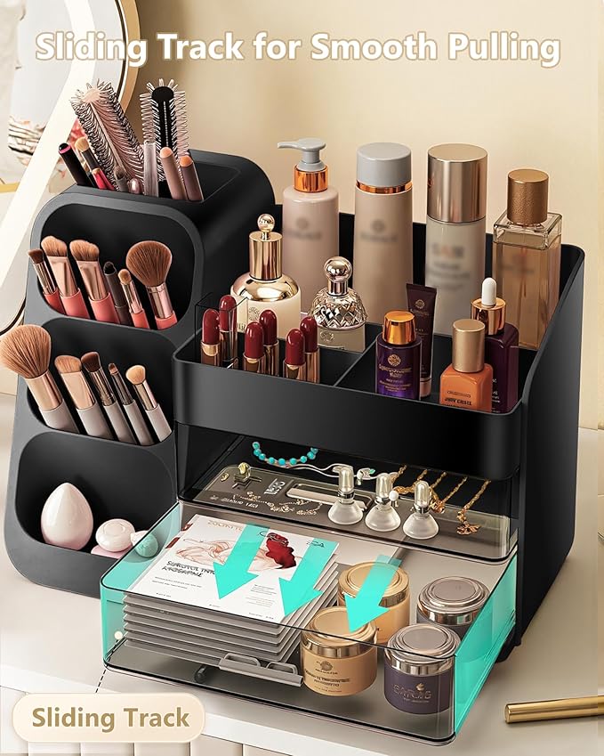 Makeup Organizer with Drawers, Skincare Organizer (Large Size Thick), Storage Box Cosmetic Display Cases, Make up Organizers for Vanity, Dresser, Desk, Kitchen, Countertop (black)