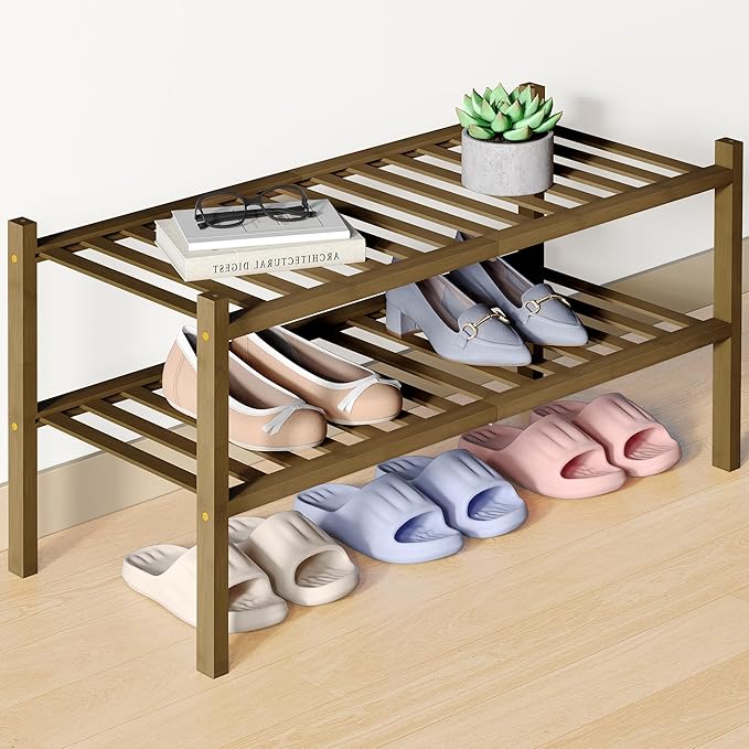 Smiry Bamboo Shoe Rack for Closet, 2 Tier Wooden Stackable Shoe Organizer, Free Standing Shoes Storage Shelf for Entryway, Front Door Entrance, Walnut