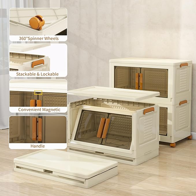 Plastic Stackable Storage Bins with Lids and Wheels, Foldable Closet Organizers and Storage Containers, Collapsible Clear Drawer Storage Cabinet with Doors Ivory White 304 QT