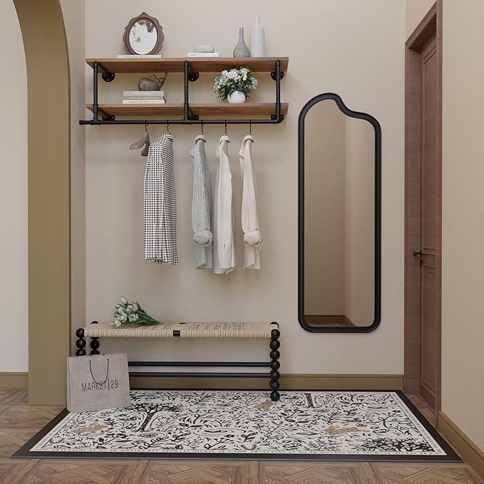 Wall Mounted Clothes Rack 12 Inch Deep, 48 Inch Heavy Duty Garment Rack with Real Brown Wood Shelf, Multi-Purpose Hanging Rod & Space-Saving Closet Storage Organizer