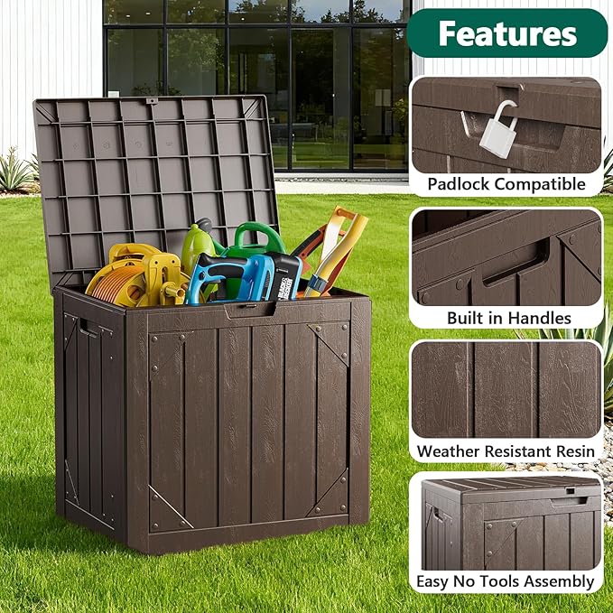 Outdoor Storage Box, 30 Gallon Deck Box Outdoor Storage Bench Outside Waterproof Resin Storage Bench, Lockable Patio Cushions, Garden Tools Storage For Furniture, UV Resistant(Brown)