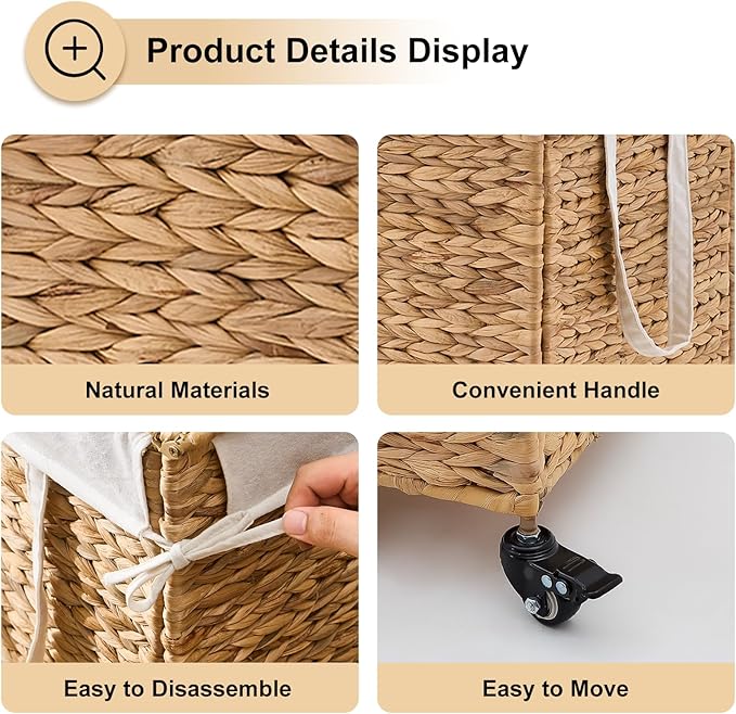 Rolling Laundry Hamper with Wheels, Slim Laundry Basket with Removable Liner Bag & 2 Mesh Bags, Handwoven Water Hyacinth Clothes Hamper for Bedroom Bathroom (Natural, 65L)