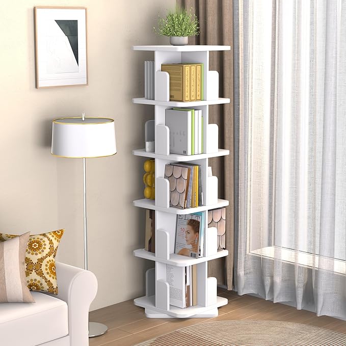 MHOM White Rotating Bookshelf, 360 Display 5 Tier Rotating Bookshelf Tower, Floor Standing Revolving Bookcase, Wooden Small Bookcase for Small Spaces, and Living Room