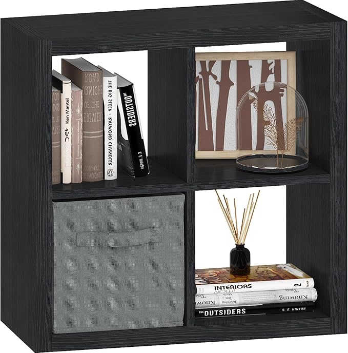 4 Cube Organizer, Cube Storage Organizer with Fabric Bin, Cube Storage Shelf for Bedroom, Living Room, Office, Modular Bookshelf Organizer for Books, Closet, Black