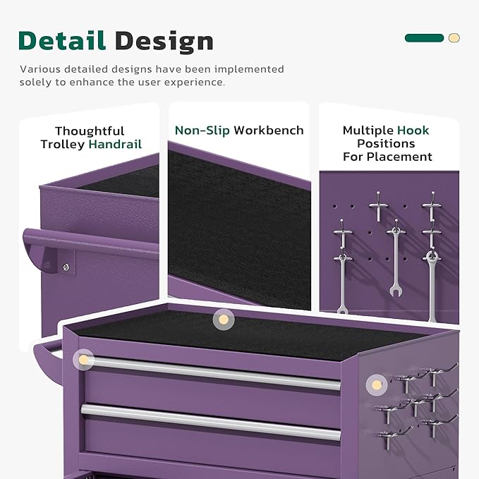 Greenvelly Tool Chest, 8-Drawer Rolling Tool Chest with Hooks and Lockable Wheels,Metal Storage Detachable Top Tool Box with Lockable Wheels for Garage,Workshop,Art Studio(Purple)