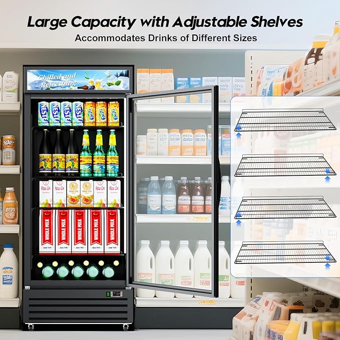 Commercial Beverage Refrigerator with Glass Door, 21.2 Cu.Ft Display Fridge Beverage Cooler with Customizable Lightbox Adjustable Shelves, Drink Fridge Merchandiser for Restaurant Shop, Black