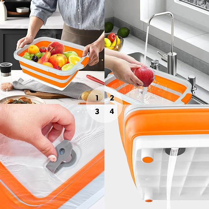 8L/16L BBQ Prep Tub with Cutting Board, Lid & Complimentary Mitts/Gloves – Collapsible Bucket for BBQ, Marinade, Picnic, Camping, Meat Prep – Orange/Black (Orange, X-Large Lid Lock)