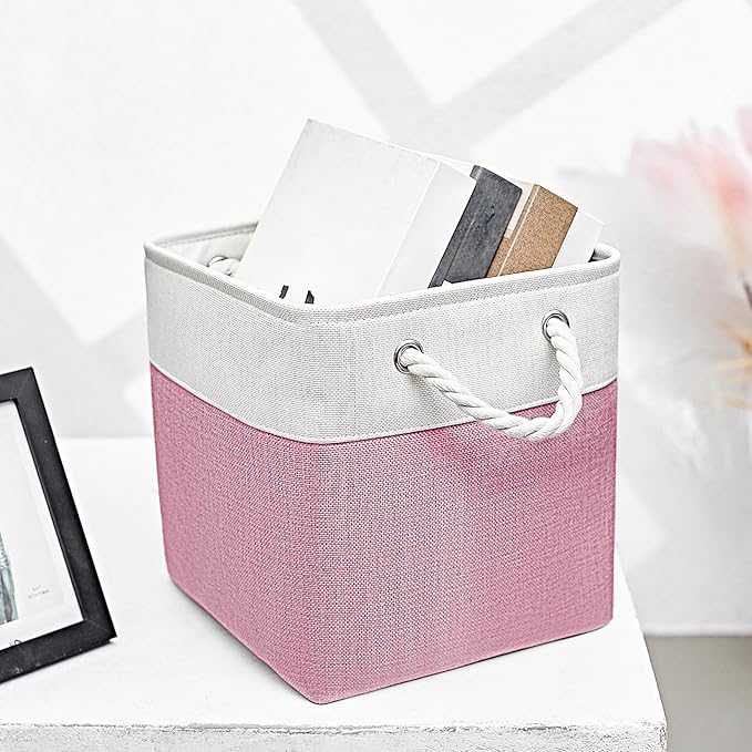 Fabric Storage Cubes, 11 inch cube storage bin with Handles, 11x11cube storage organizer bins, Collapsible Storage Bins for Shelves and Home, Cubby Storage Bins (White-Pink, 10.5x10.5x11in)