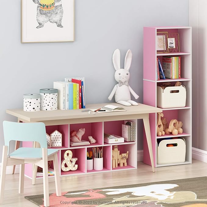 Furinno LUDER Book Shelf, 7-Cube Bookshelf, Bookcase, 9.4 x 19.5 x 41.7, for Living Room, Bedroom, Home Office, White/Pink