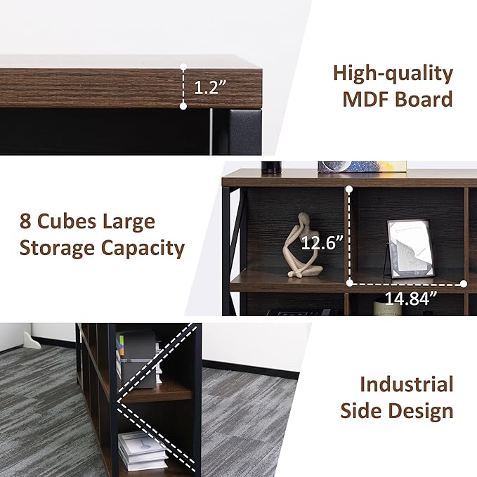 otlectics 2-Tier Bookcase with 8 Cubes, 63 Inch Industrial Horizontal Bookshelf, Home Office Storage Cabinet Organizer with Metal Legs, Brown