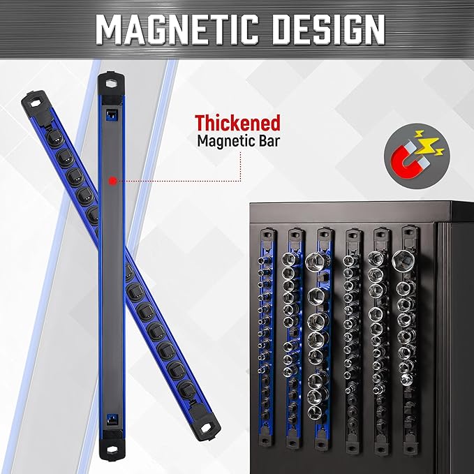 ALOANES 6-Piece Magnetic Socket Organizer, Heavy Duty Aluminum Socket Rails Organizer, 360° Swivel Clips Socket Holder Kit for Tool Box, 1/2, 3/8, 1/4-Inch Socket Holder x 80 Clips (Black&Blue)