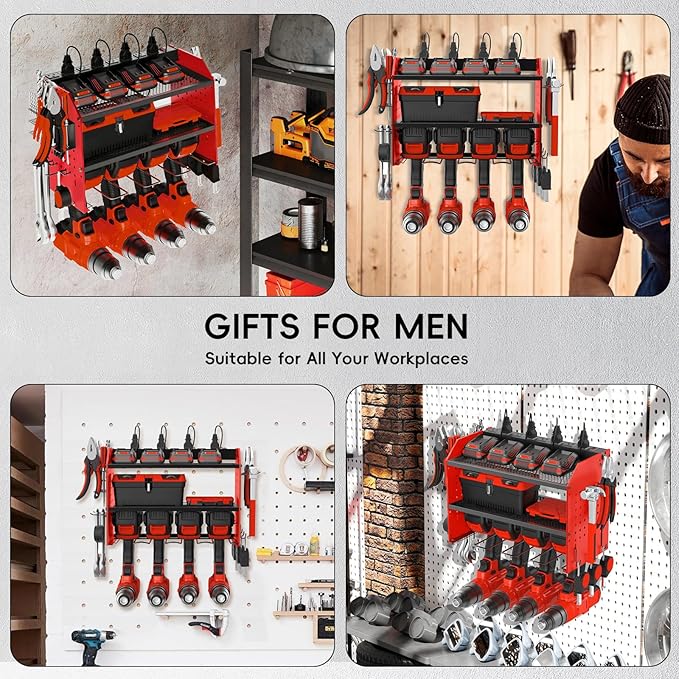 Power Tool Organizer Wall Mount with Charging Station, Drill Holder, Adjustable Layers, Heavy Duty Garage Tool Organizer Storage with 8 Outlet Power Strip, Christmas Gifts for Men, Dad, Husband