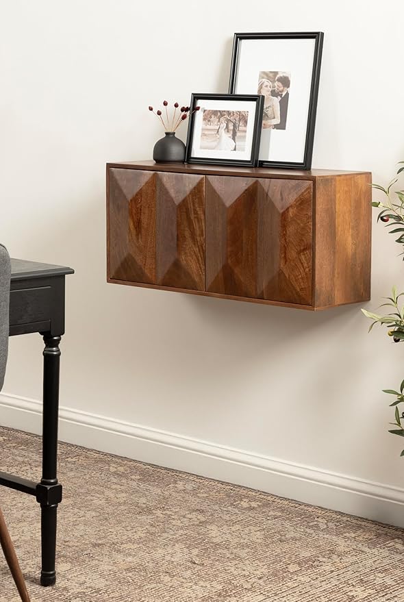 Kate and Laurel Ranier Modern Wooden Two-Door Wall Cabinet, 30 x 10 x 14, Walnut Brown, Decorative Storage Cabinet with Dimensional Face for Use as Floating Nightstand or Floating TV Shelf