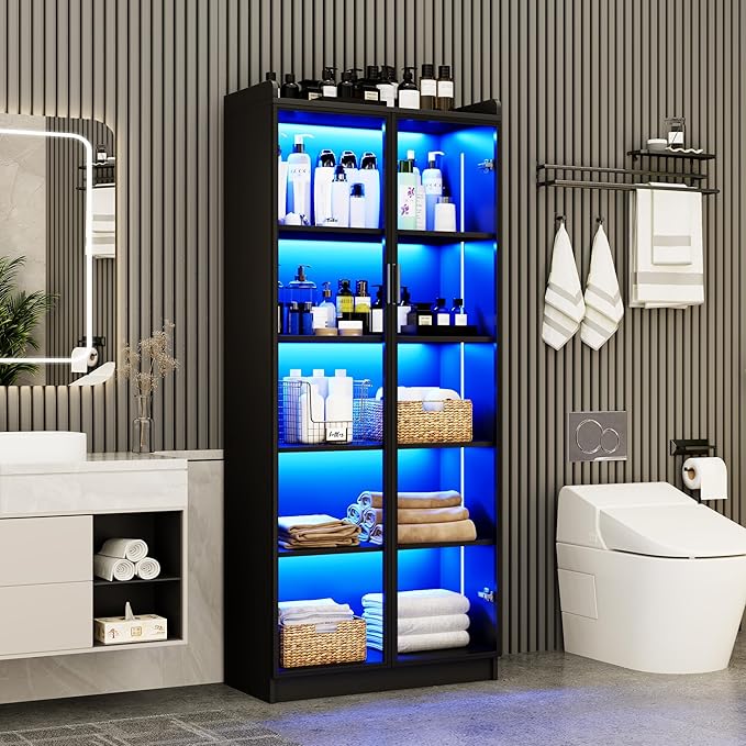 Display Cabinet with Doors and Adjustable Shelves, 65" Tall Bookcase with LED Lights/Human Sensor, 5 Tier Display Case for Collectibles Bedroom Living Room Office, Black