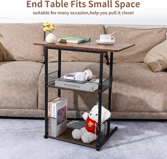 C Shaped End Table with Storage Shelf Basket, Small Couch Table with Wheels for Sofa Recliner Bedside, Rustic Brown Side Tables with Extended Desktop for Living Room, Bedroom, Home,Office