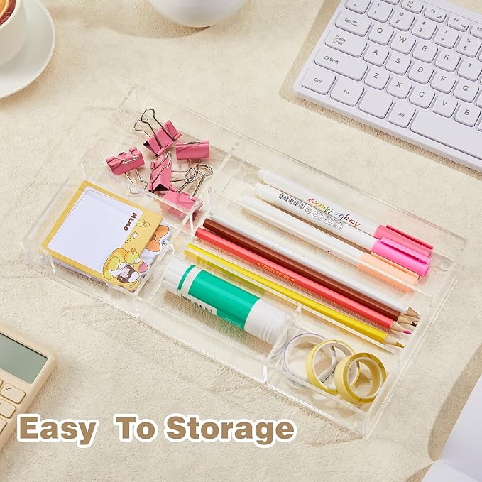 Clear Acrylic Desk Drawer Organizer 11 x 6.1 x 1.38 Inch Storage Tray Organizer for Pens, Stationery, Desktop, Office, Bathroom, Kitchen, Makeup Supplies (6 Compartments)