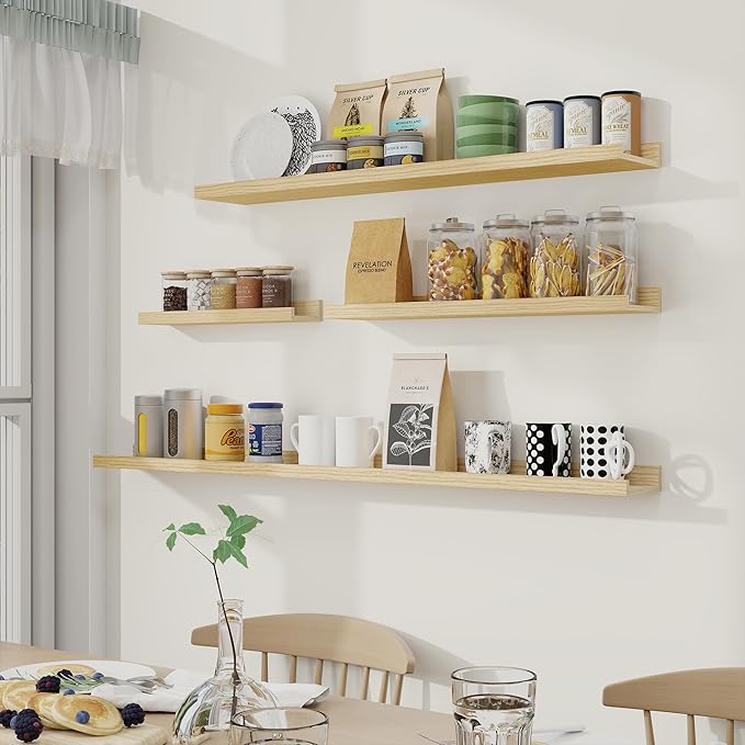 Fun Memories Picture Ledge Shelf, 48 Inch Long Floating Shelves Set of 6, Picture Shelf for Wall with Lip, Large Nursery Book Shelves for Storage, Wall Shelves for Living Room Bedroom Kitchen, Oak