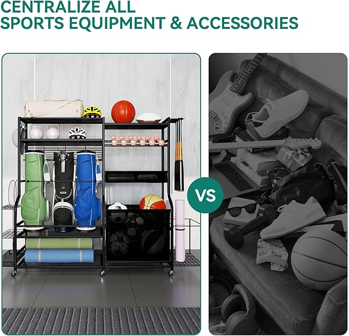 YITAHOME Multi-Functional Sports Organizer for Garage, Golf Gear Storage Rack for 3 Bags and Clubs, Ball Storage Bins with Wheels, Multi-Layer Sports Equipment Rack with Hooks