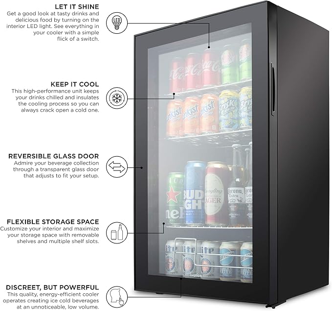 Ivation 126 Can Beverage Refrigerator | Freestanding Ultra Cool Mini Drink Fridge | Beer, Cocktails, Soda, Juice Cooler for Home & Office | Reversible Glass Door & Adjustable Shelving - Black