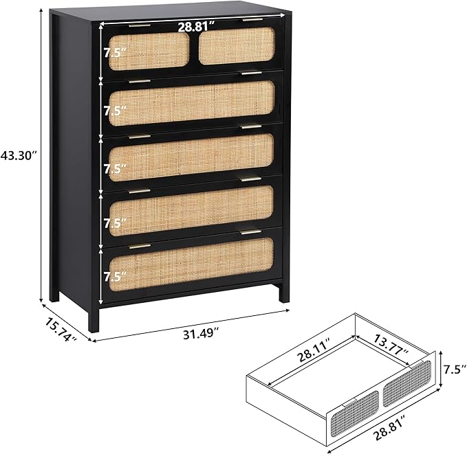 5 Drawer Dresser with Rattan Finish, Modern Farmhouse Chest of Drawers with Metal Handles, Accent Wood Storage Cabinet for Bedroom, Living Room (Black)